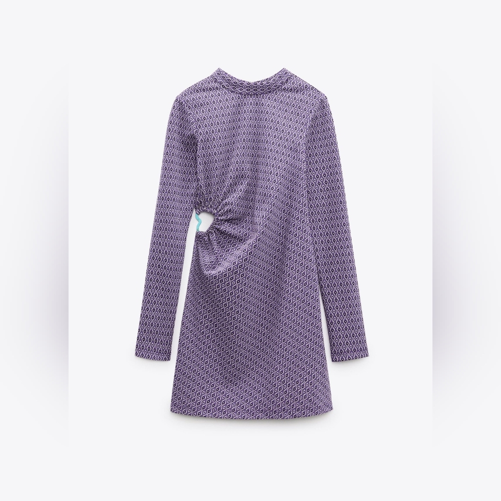 🌞ZARA Jaquard Long Sleeve Cut-out Open Back Mini Dress Purple Retro Geometric - Picture 2 of 14